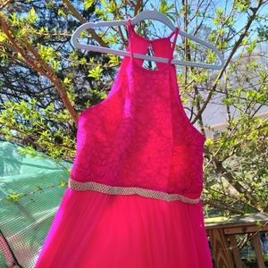 Bright pink fun plus sized floor length faux halter prom dress